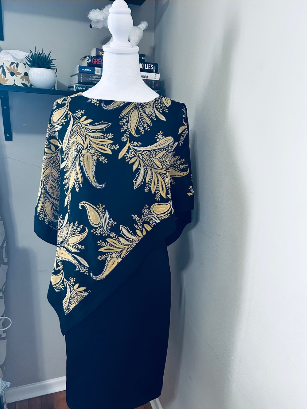 Suzy Shier Black Dress with Gold Paisley Overlay